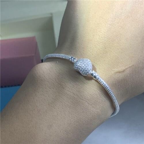 100% 925 Sterling Silver Snake Chain Heart Bangle & Bracelet Luxury DIY Jewelry make gift
