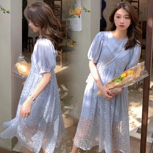 97301# Maternity Clothes Summer Short Sleeves Easy Matching Loose Stylish lace Dress Pregnant Women Mom Dress