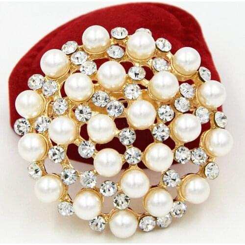 Shining Austria Crystals And Cream Pearl Flower Wedding Bridal Bouquet Brooch Elegant Gift Diamante Brooches Pins Gold Color