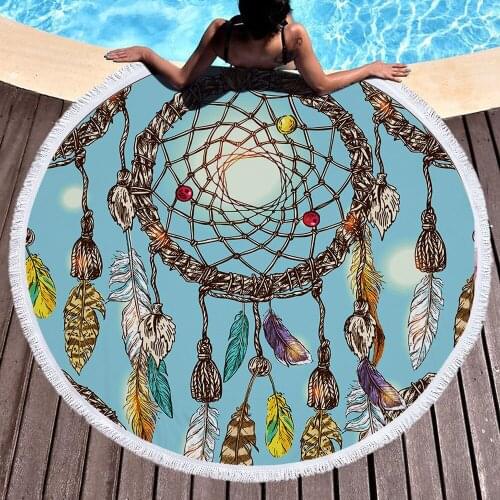 Newest fashion Style Fashion colorful Feather large Round Beach Towel Tassels diameter 150cm Picnic cushion Blanket Beach Cover