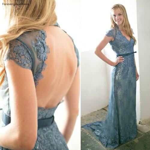Elegant Dusty Blue Long Prom Dress Backless Lace Modest Party Gown Plus Size Custom Made