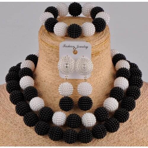 Graceful black and white simulated pearl bead african jewelry set nigerian wedding costume necklace