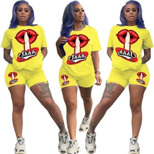 Echoine Womens shhh Lips print Two Pieces Set Tracksuits T-shirt Shorts Jogger Sweatpants Suit Fitness Outfits Matching Set