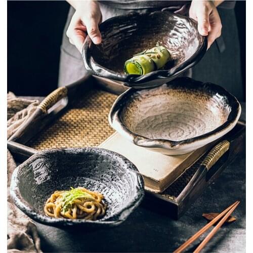 Creative Irregular Ceramic Bowl Fruit Salad Bowl Soup Noodle Bowl Restaurant Large Bowl Porcelain Tableware Black Tableware