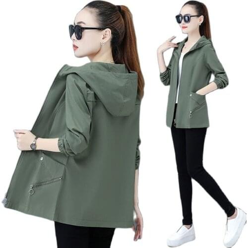 NEW 2020 Womens Coat Spring Autumn Plus Size 4XL Sasual Jacket Green Hooded Zipper Outerwear Short Windbreaker Female Tops W270