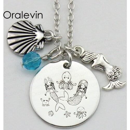 Fashion MERMAID OCTOPUS CRAB Inspirational Hand Stamped Engraved Custom Pendant Female Necklace Gift Jewelry,10Pcs/Lot, #LN2032