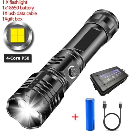 Powerful LED Flashlight with 4 Core P50 USB RechargeableTorch Anti-fall Aluminum Alloy Material 5 Light Modes Telescopic Zoom
