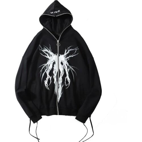 Tokyo Revengers Fashion Men Evil Printed Jacket Black Zip Up Cardigan Hooded Coat Mens Casual Streetwear Oversized Loose Jackets