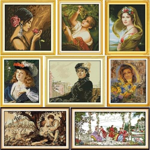 Stamped Cross Stitch Kits Joy Sunday Oil Painting Girl Printed 11CT 14CT Counted Home Decor Embroidery Handmade Needlework Sets
