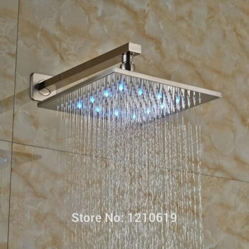 Newly Wall Mount Rainfall Shower Head w/ Arm Nickel Brushed Bathroom 10" LED Lights Top Sprayer