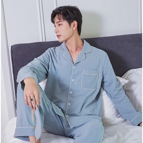 Mens Pajamas Cotton Sleepwear Set 2021 Spring Autumn Pyjama Set Cotton Home Wear