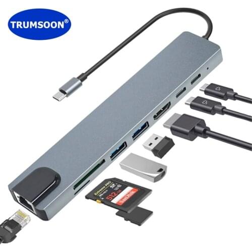 TRUMSOON Type-c to 4K HDMI-compatible RJ45 USB C 3.0 SD TF Card Reader for MacBook Samsung Dex Huawei MatePad Xiaomi 11 PS5 TV