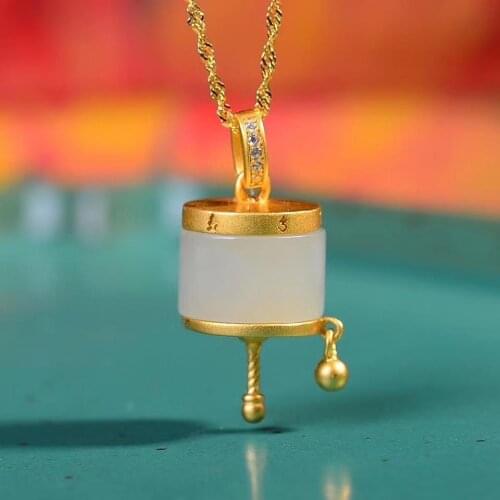 Silver Jewelry Series S925 Sterling Silver Hetian Jade Silver Inlay Ancient Gold Dharma-Vessel Lulutong Pendant Pendant Clavicle