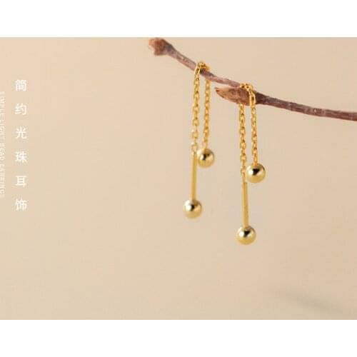 Real 925 Sterling Silver Ball Beads Chain Drop Earrings Simple Geometric Pull Through Threader Earring Fine Jewelry