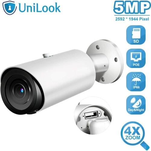 UniLook 5MP Bullet POE IP Camera 4X Optical Zoom Built in Microphone SD Card Slot Outdoor Security Camera IP66 H.265 ONVIF P2P