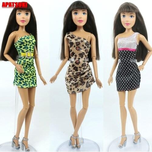 3pcs/lot Mix Style Leopard One-Shoulder Evening Party Gown Dress For Barbie Doll Outfit Short Dress Clothing for Barbie Doll Kid