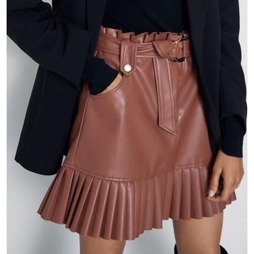 PU Half Skirt Solid Color Fringed Short Skirt with Belt Women Fashion Small Pleated Faux Leather Skirt Women Elegant Mini Skirt