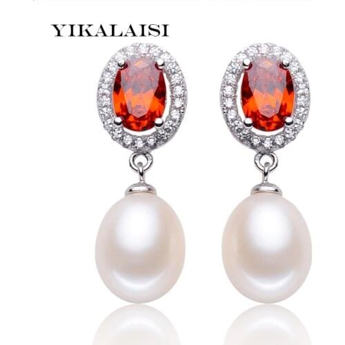 2017 Fashion Natural Pearl jewelry Stud Earrings For Women girls red rhinestone long earrings 925 sterling-Silver-Jewelry cuff