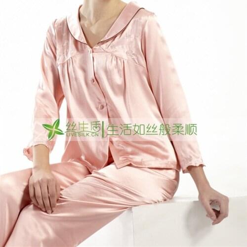 100% Mulberry Silk Twinset Sleepwear Real Silk Two Piece Long Sleeve Women Pajama Sets M/L/XL Free Shipping