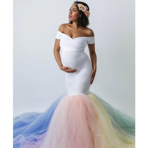 Womens Lace Stitching Mesh Yarn Pregnant Dress White Trailing Short-sleeve Long Dress Photography Trailing Dress Maternity