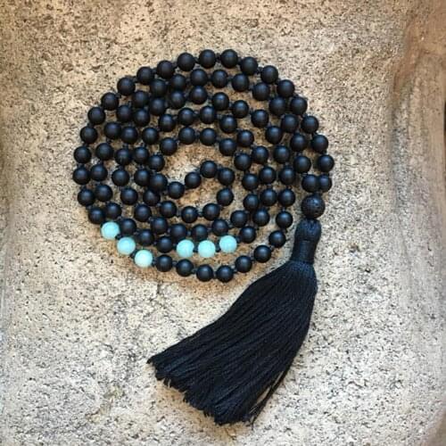108 Beads Matte Black Onyx And Amazonite Knotted Mala Necklace Lava Guru Bead And Handmade Cotton Tassel Necklaces Yoga Jewelry