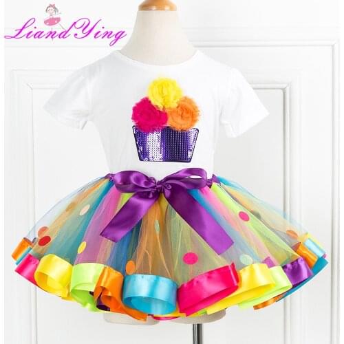 Girls 2021 New Baby Girls Clothing Sets Sequin Floral T-Shirts With Polka Dot Fluffy Handmade Rainbow Skirt 2Pcs Girls Clothes