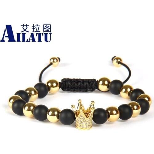 Ailatu Jewelry Wholesale 10pcs/lot 8mm Matte Onyx Stone Beads with Micro Paved Clear Cz Crown Kings Bracelet