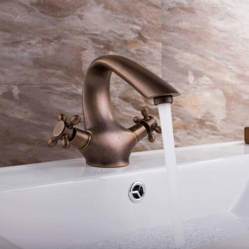 Antique Brass high quality Solid brass copper Double Knobs Basin Faucet Single Hole Deck Mounted Bathroom Sink Mixer Tap