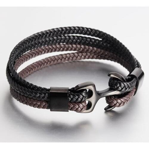 LAMEMDEE Stainless Steel Charm Magnetic Classic Anchor Bracelets Genuine Leather Bracelet & Bangles for Men Jewelry Fashion Gift
