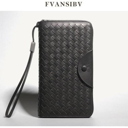 Ury Brand Long Wallet Mens Top Leather Zip Wallet Hand-Woven Fashion Business Wrist Strap Clutch Gift Box Packaging 2021 New