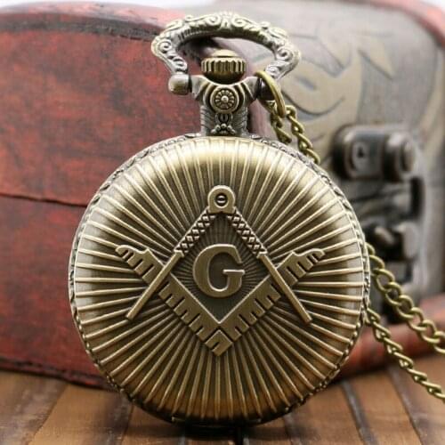 Bronze Freemasonry Quartz Pocket Watch Freemason Necklace Chain Pendant Clock Hours Xmas Gift For Men Women Relogio De Bolso