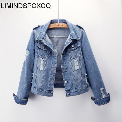 Veste En Jeans Pour Femme 2021 Jeans Jackets Womens Spring Autumn Short Denim Clothes Plus Size 6XL Hole Epaulettes Casual Lapel