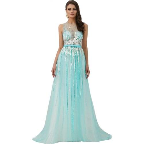 Elegant O-Neck Tank Transparent Floor Length Ball Gown Embroidery Appliques Party Dress Robe de soiree Vestido de noche 60313