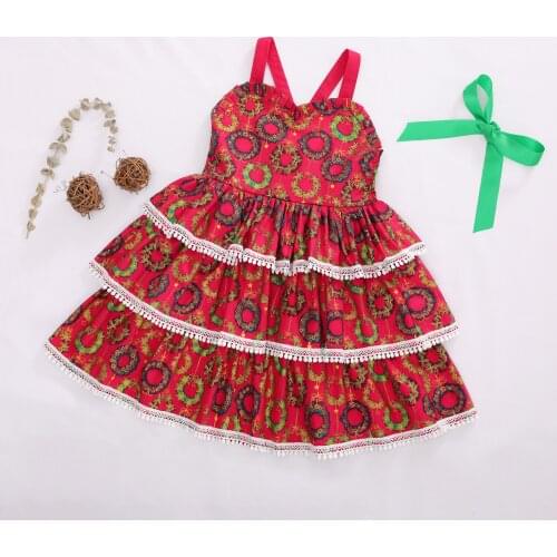Flofallzique Cotton Princess Girls Dress 3 Layer Sleeveless Fashion Cute Wreath Pattern Kids Clothes For Christmas Wedding Party