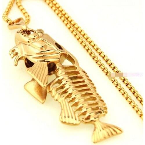 Gothic jewelry Mens Chain Gold Tone Biker Hollow Fish Bone Pendant Stainless Steel Fashion Box Necklace 24