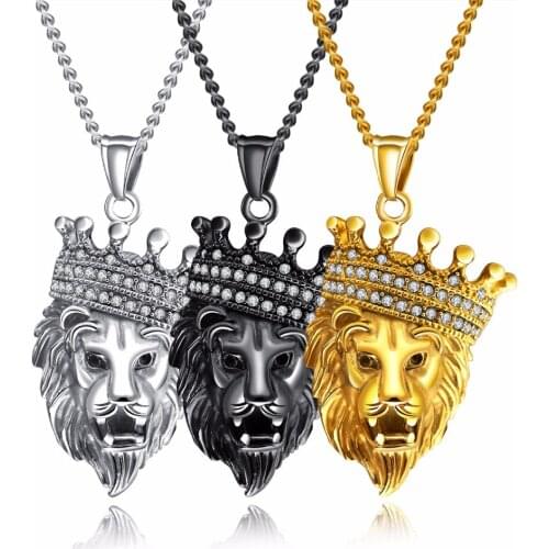 FATE LOVE Brand Punk Male Men Statement Lion Necklaces & Pendants Black Silver Gold Stainless Steel Chain Fashion jewelry