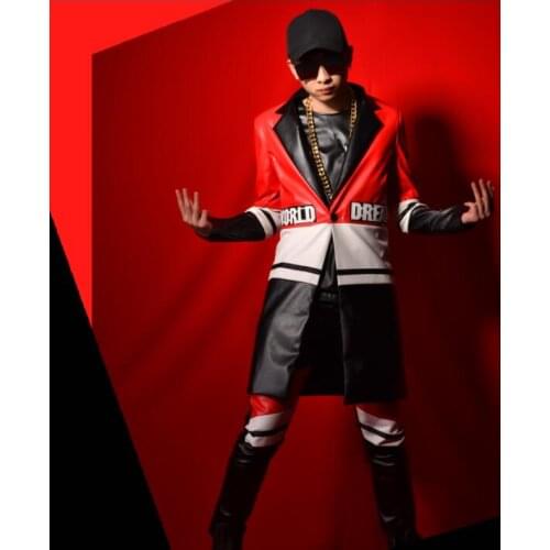 Tricolor splice blazer men suits designs jacket mens stage costumes for singers Medium length PU clothes dance star style dress