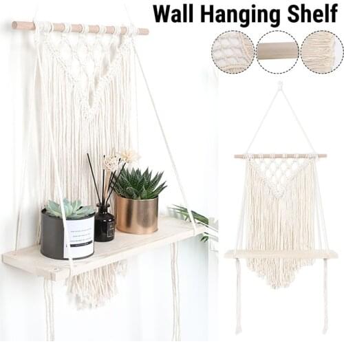 Wall Hanging Rope Wooden Swing Shelf Pendant Decorative Tassel Tapestry Storage Plant Pot Holder
