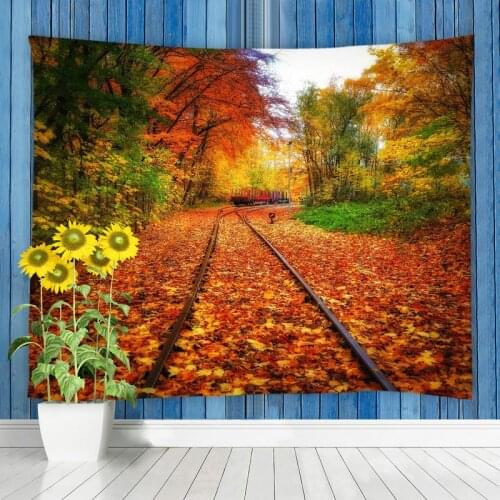 Landscape Tapestry Wall Hanging Railway Between Orange Maple Trees In Autumn Natural Scenery Living Room Bedroom Decor Tapestry
