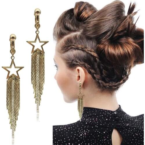 Long Tassel Charming Ladies Clip on Earrings Alloy Rhinestone Fashion Hypoallergenic Non-pierced Earrings Parties Jewelry