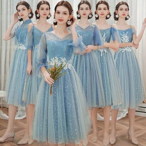 Bridesmaids Dresses Illusion V-Neck Short Spaghetti Straps Lace Tulle A-Line Knee-Length Luxury Women Wedding Party Gown E717