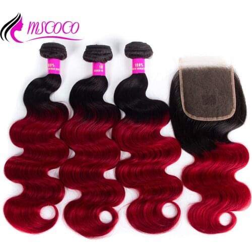 Mscoco 1b Burgundy Ombre Bundles With Closure Brazilian Body Wave 1b 99j Red Colored Remy Human Hair 3 Bundles With Closure