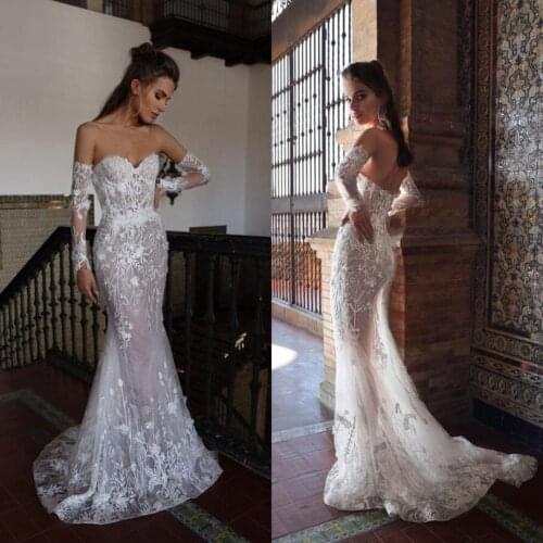 Chic Illusion Mermaid Wedding Dresse Long Sleeve Lace Appliques Bridal Gowns Backless Wedding Robes