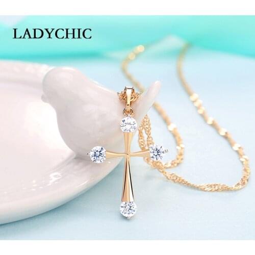 LADYCHIC Simple Cubic Zirconia Gold Color Cross Pendant Fashion Cute Cross Necklace Women Prayer Christian Jesus Jewelry LN1073