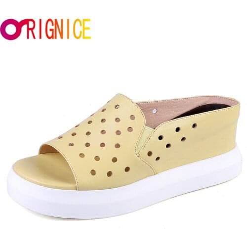 Orignice Fashion Women Platform Wedge Heel Sandals Cut Out Genuine Leather Summer Slippers Dress Ladies Comfortable Shoes