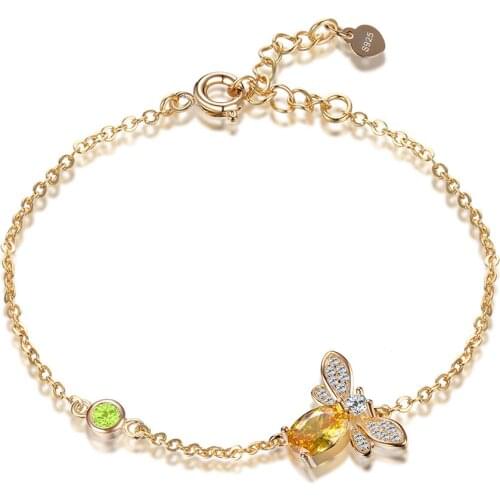 Charm Bracelet for Women Sterling Silver 925 Fine Jewelry Unique Design Butterfly Bee Gold Natural Citrine With Clear Zircon