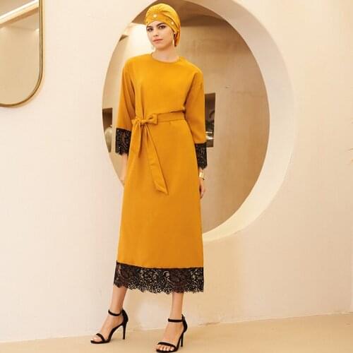 Summer New Women Long Dress Yellow Solid Lace Stitching Belt O-Neck Arab Three-quarter Sleeve Casual Elegant Celebrities Dresses