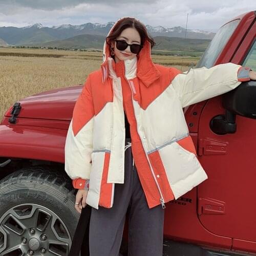 Womens Mid-length Padded Winter Clothes Korea Loose Contrast Fashion Stitching Thickened Cotton Coat Hooded Color Jacket Female