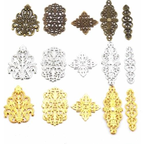 Free shipping 10Pcs Mixed Bronze Tone Filigree Wraps Connectors Metal Crafts Gift Decoration DIY 25x25mm-61x24mm