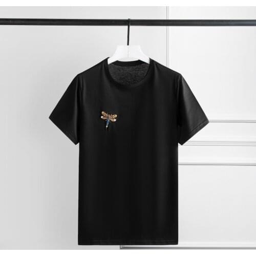 100% Cotton Luxury Dragonfly Beading Short Sleeve Mens Plus Size 3XL 4XL Slim Fit T-shirts Man